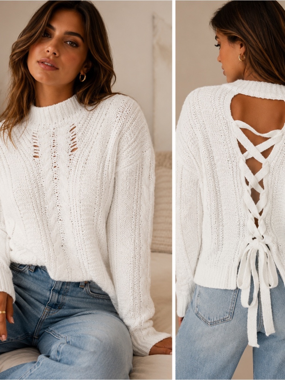 Forever 21 Lace-Up Back Cable Knit Sweater White NWT Multiple Sizes